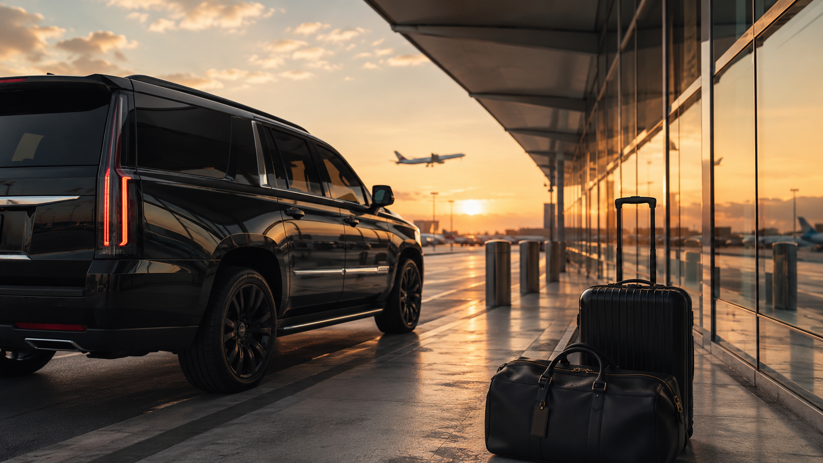 Black luxury airport pickup vehicle with luggage at terminal glass